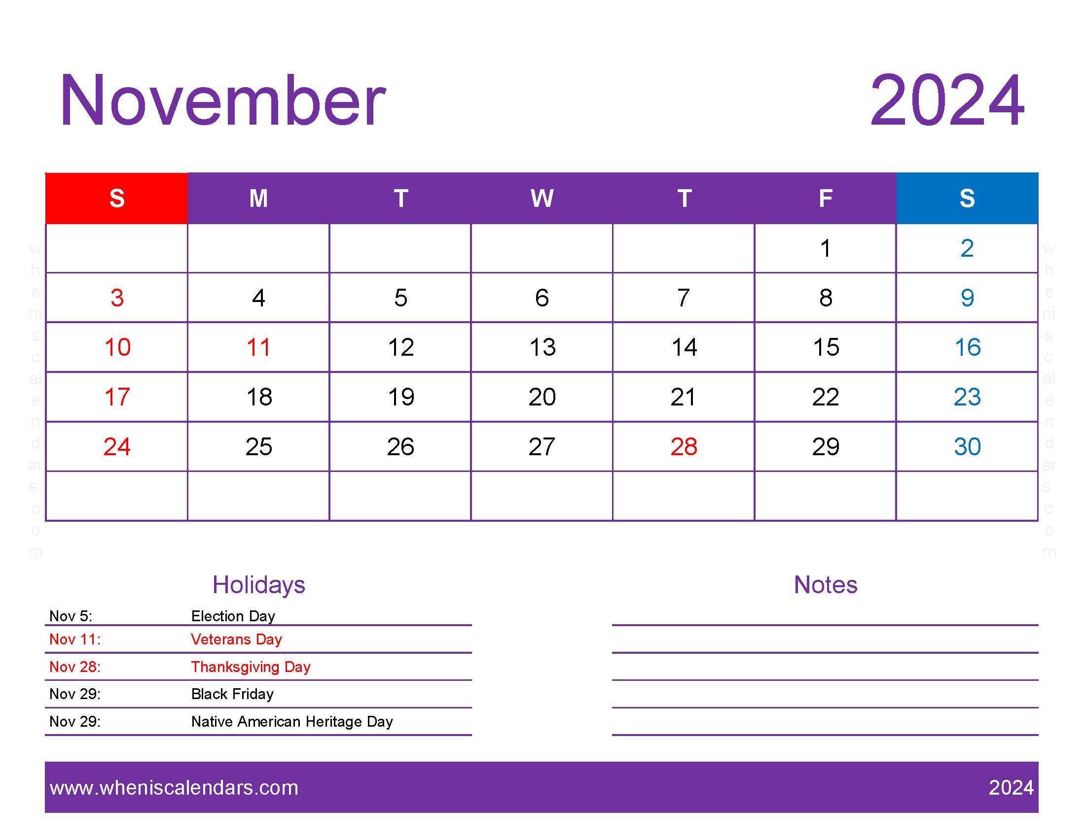 November 2024 Printable Calendar waterproof Monthly Calendar
