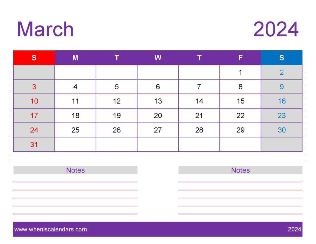 Download March 2024 monthly Calendar Template Letter Horizontal M34258