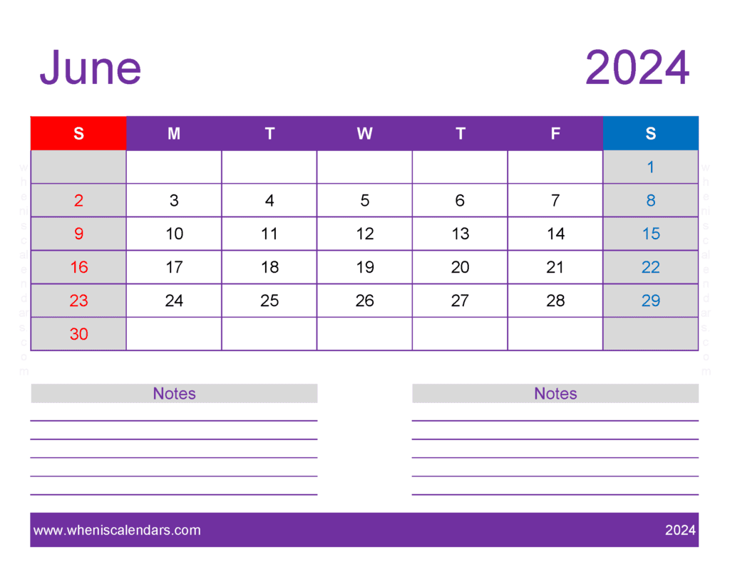 Download June 2024 monthly Calendar Template Letter Horizontal J64258
