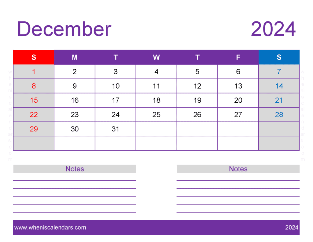 December 2024 monthly Calendar Template D14258
