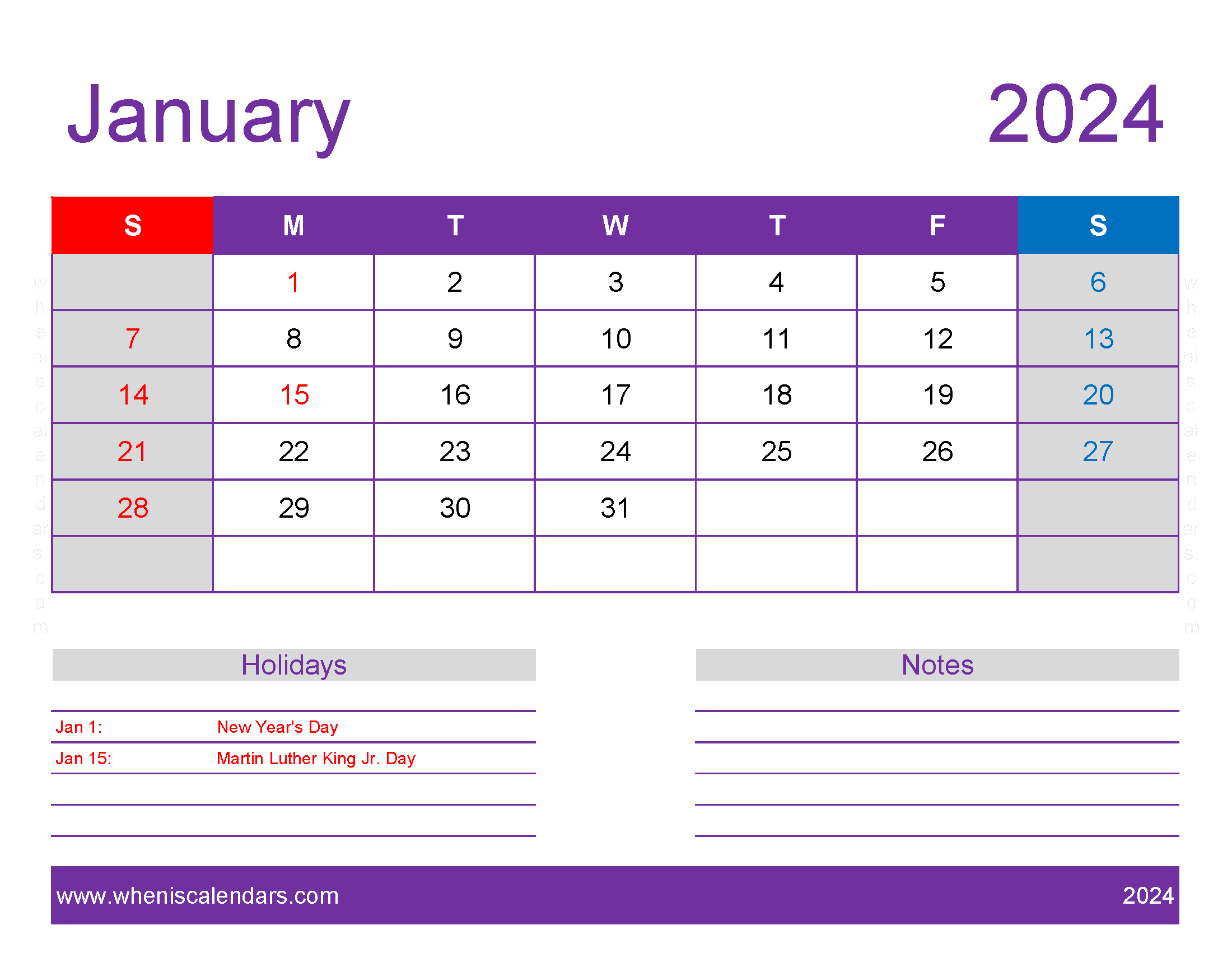 January 2024 Calendar Free print Monthly Calendar