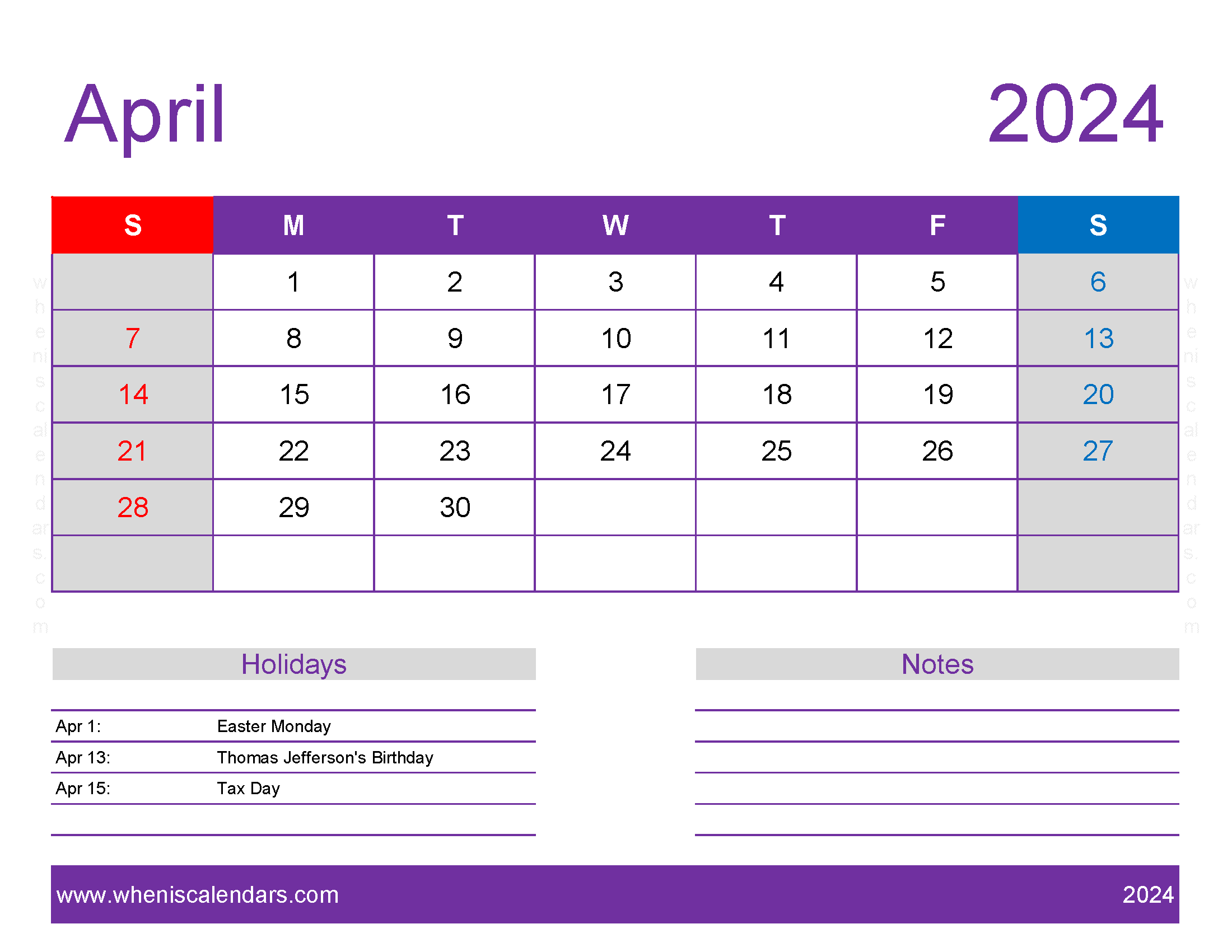 April 2024 Calendar Free print Monthly Calendar