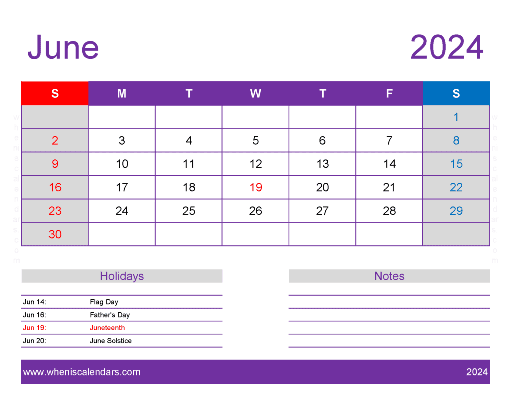 Download June 2024 Calendar Free print Letter Horizontal J64178