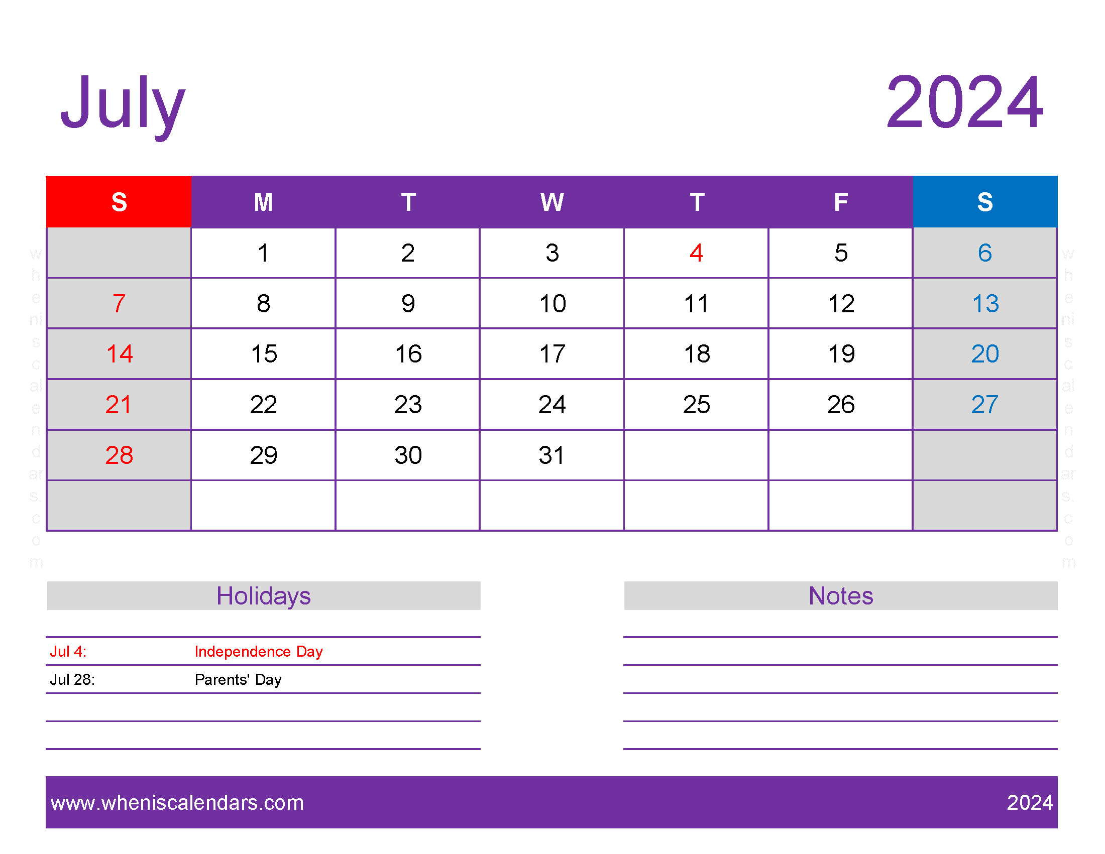 July 2024 Calendar Free print Monthly Calendar