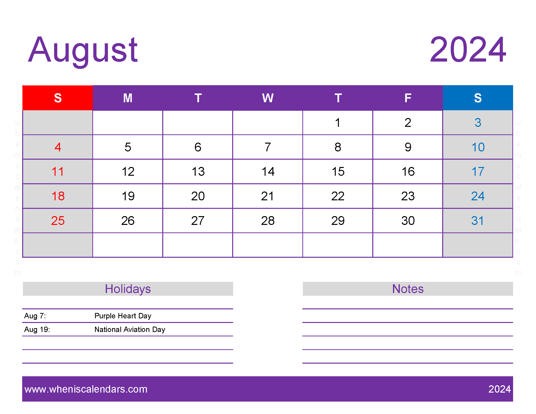 August 2024 Calendar Free print Monthly Calendar