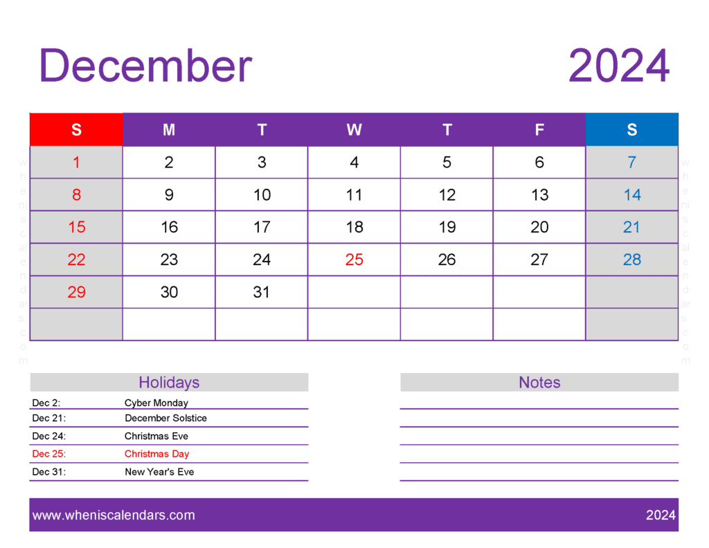 December 2024 Calendar Free print Monthly Calendar