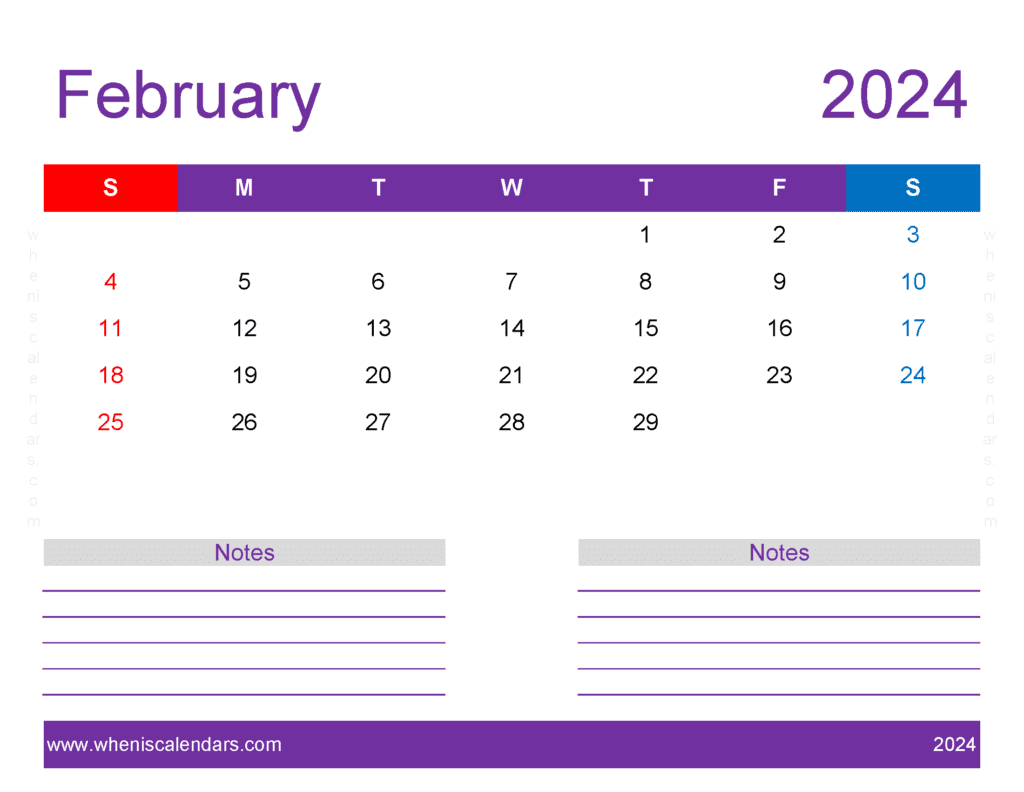 Download print Free Calendar February 2024 Letter Horizontal F4259