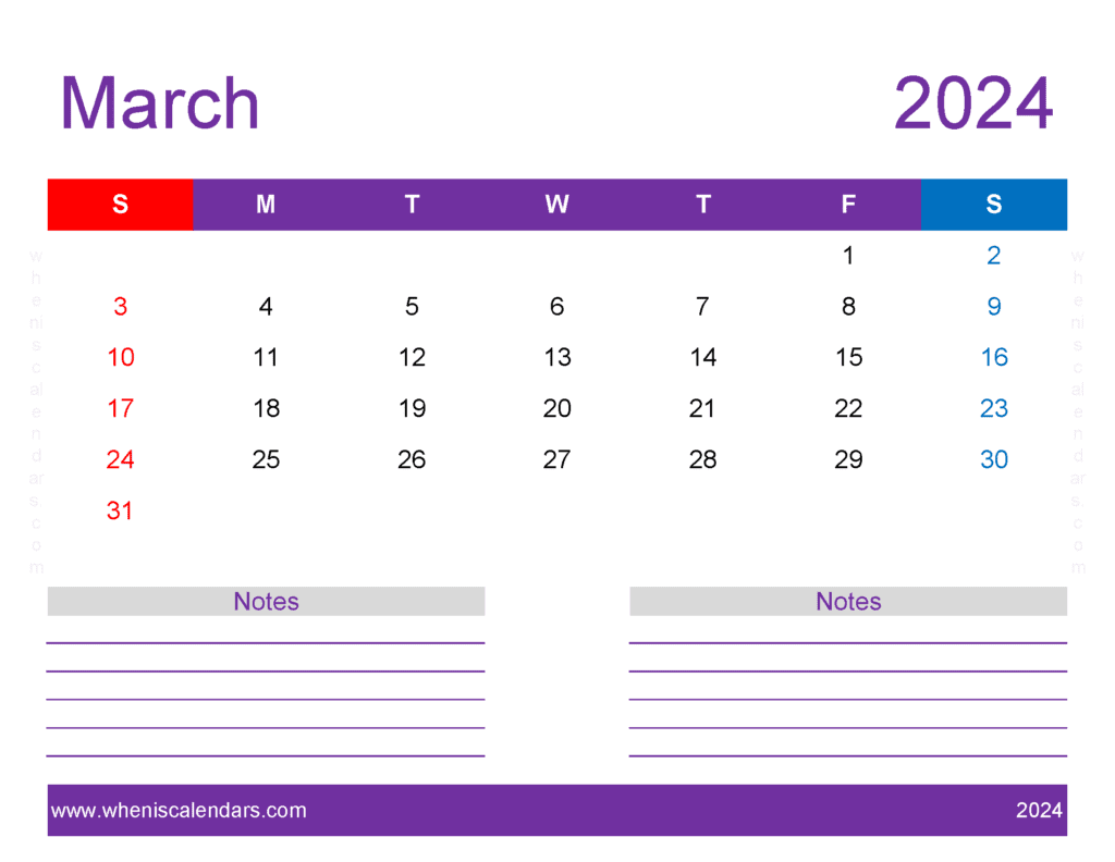 Download print Free Calendar March 2024 Letter Horizontal M34259