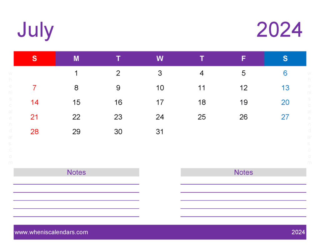 Download print Free Calendar July 2024 Letter Horizontal J74259