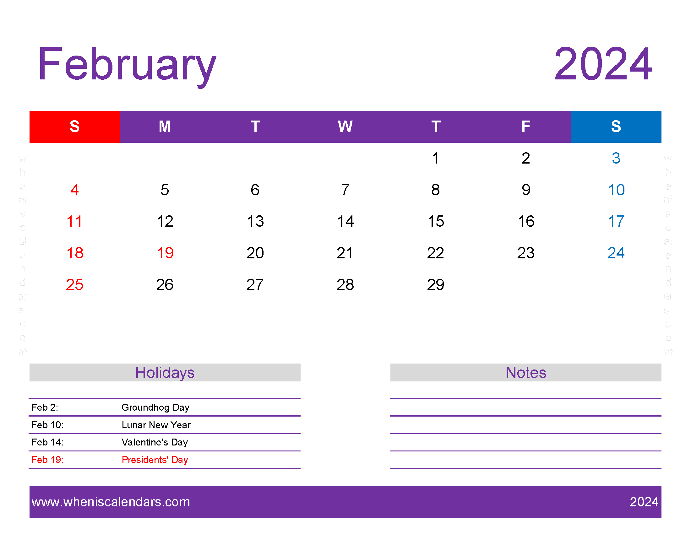 Free Printable Feb 2024 Monthly Calendar