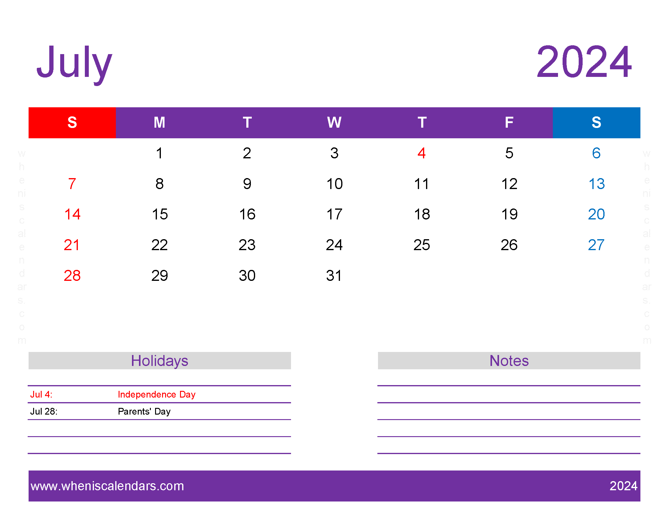 Free Printable Jul 2024 Monthly Calendar