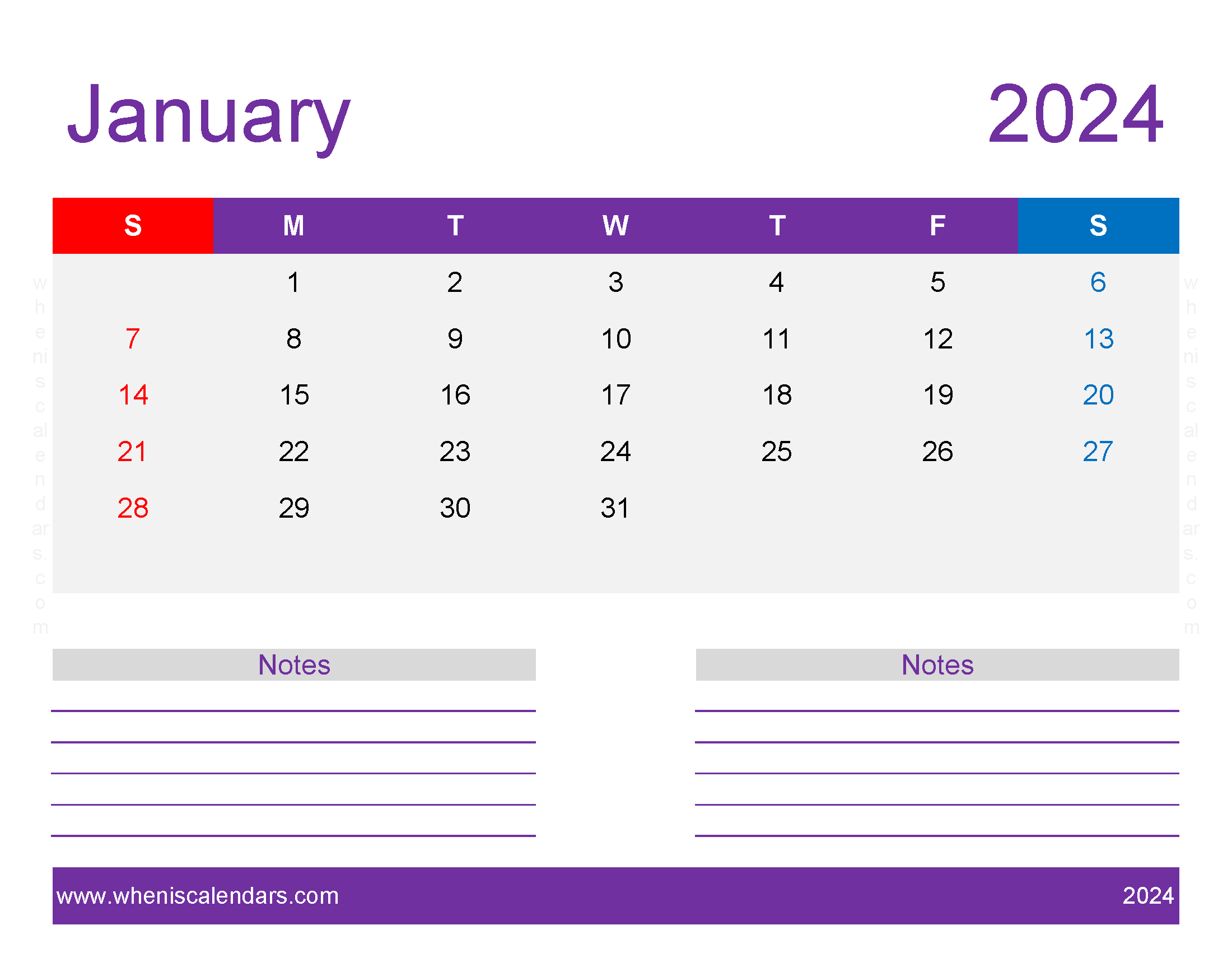 print January 2024 Calendar page Monthly Calendar