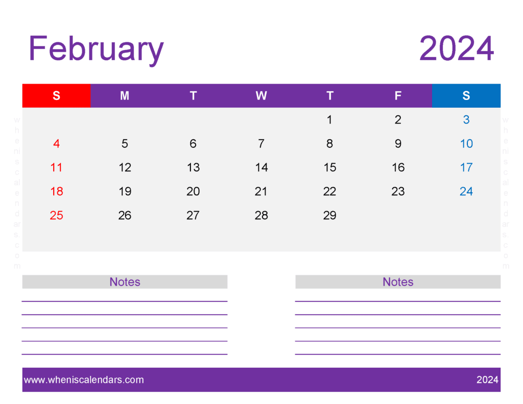 print February 2024 Calendar page Monthly Calendar