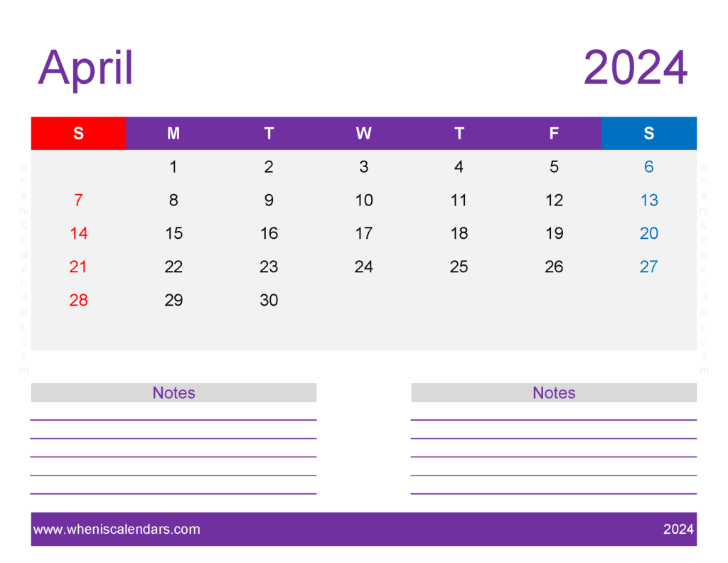 Download free April Calendar 2024 with Holidays printable A4 in Horizontal Landscape