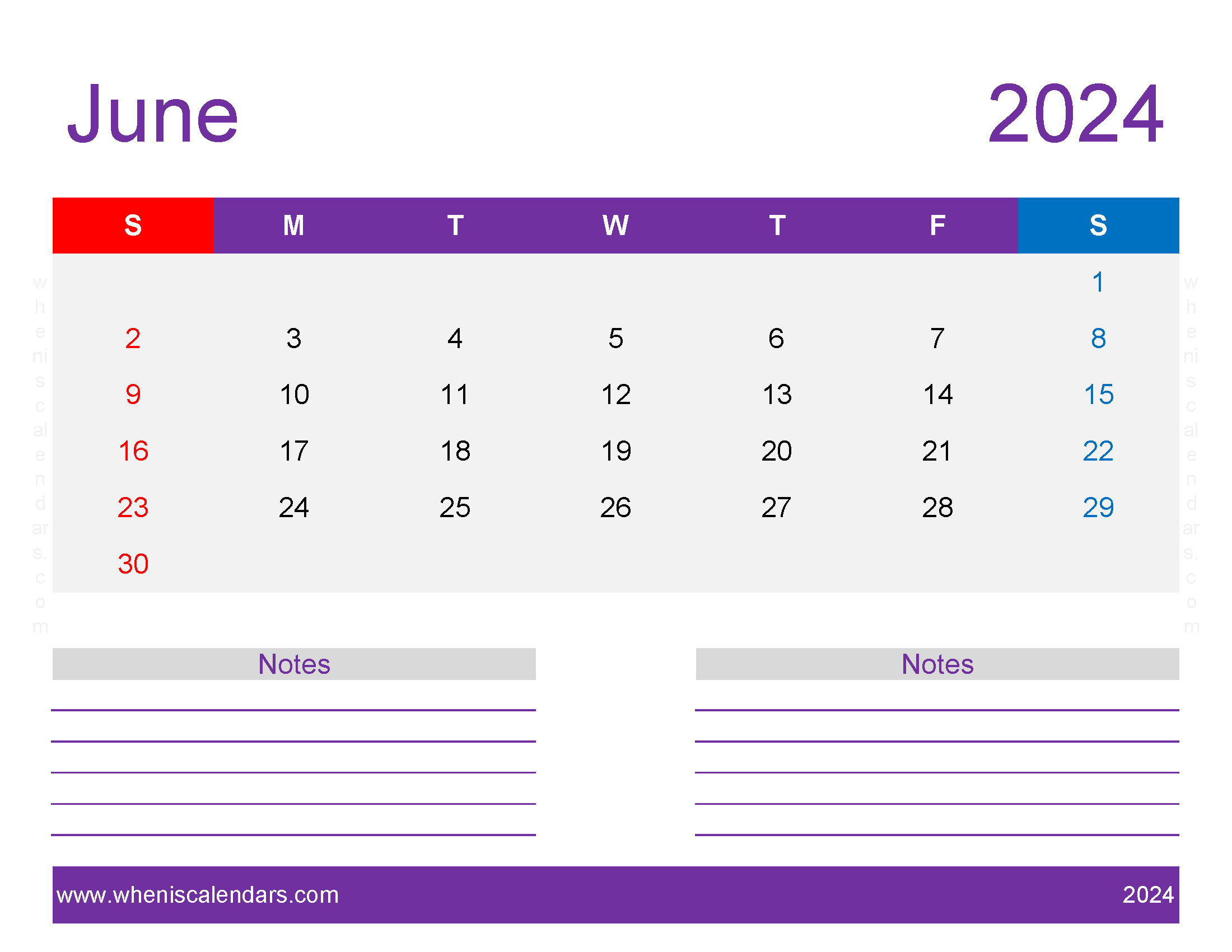 print June 2024 Calendar page Monthly Calendar