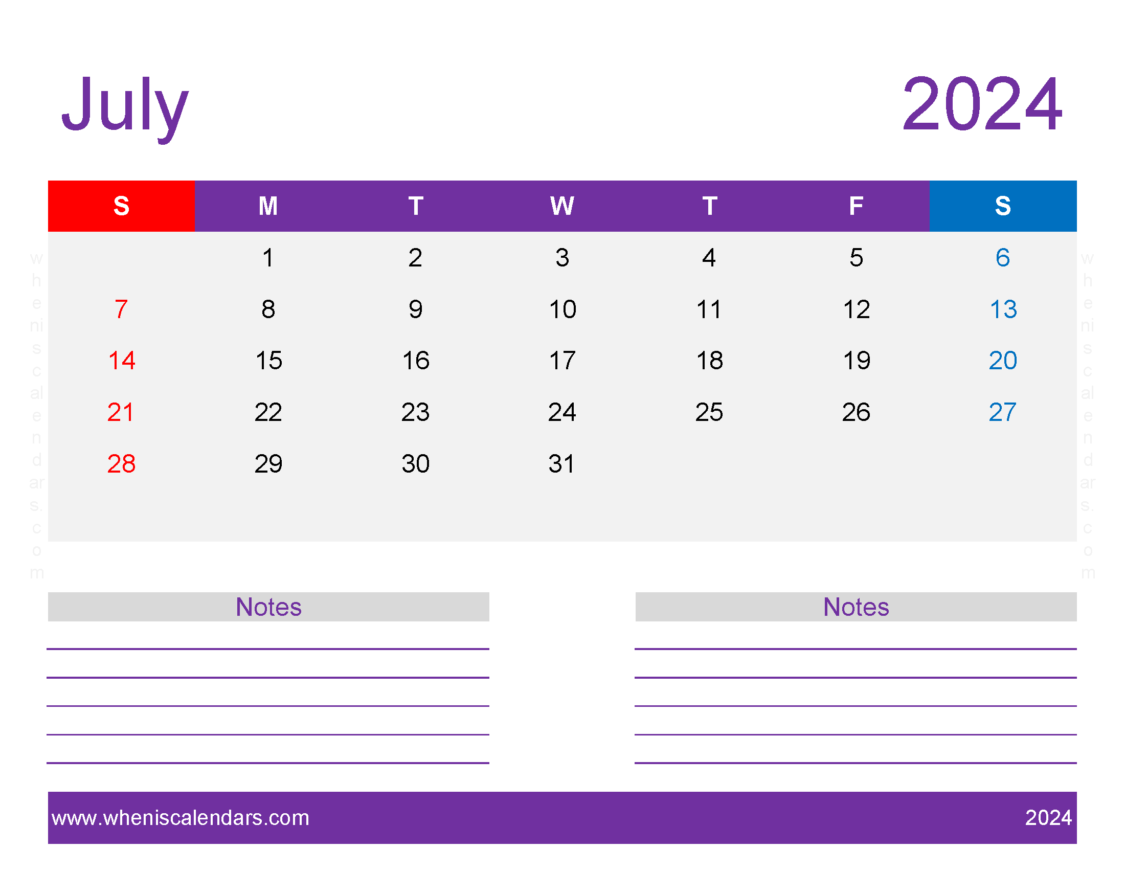 print July 2024 Calendar page Monthly Calendar