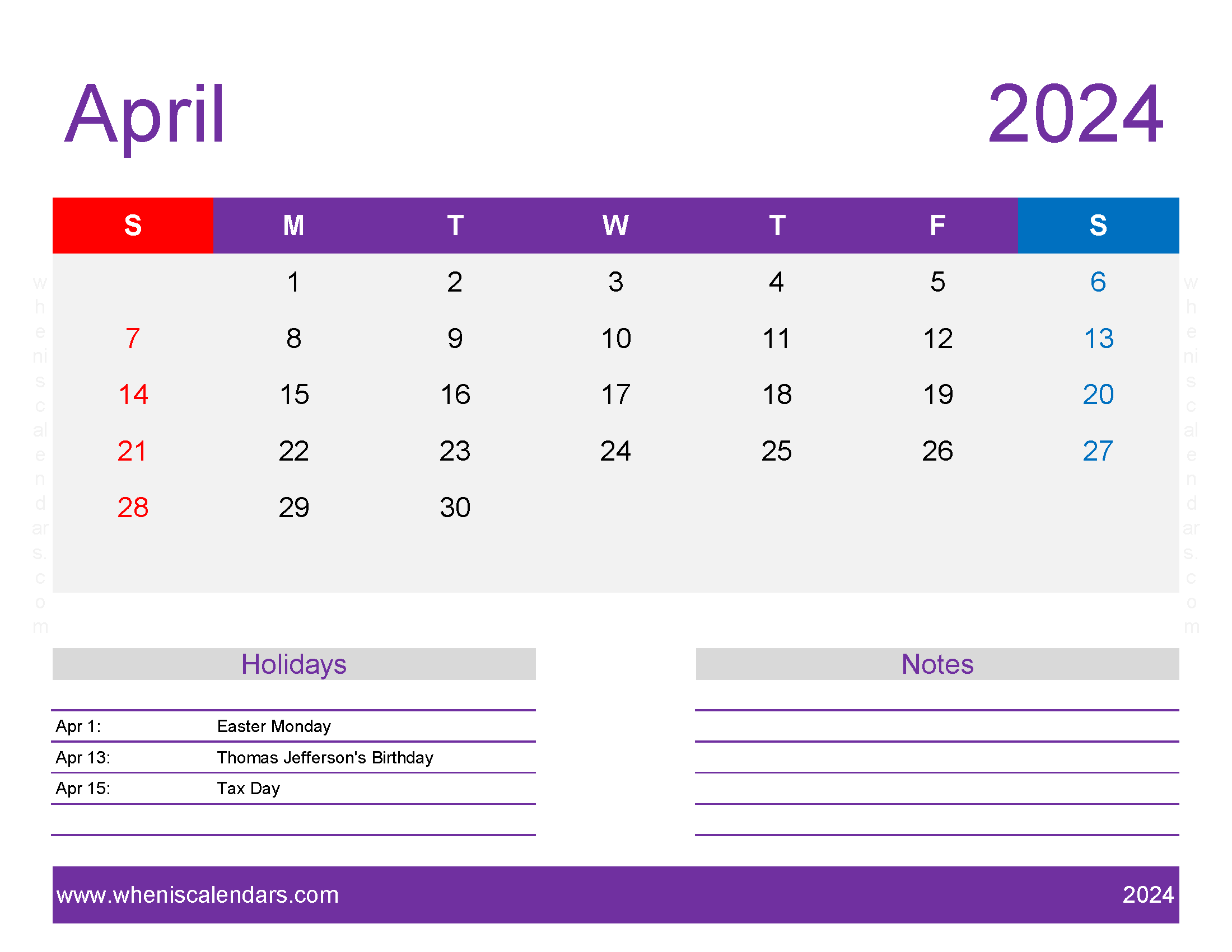April Printable 2024 Calendar Monthly Calendar