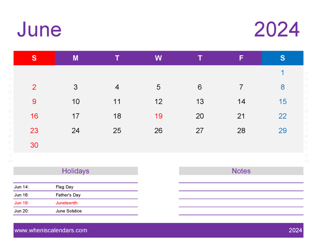 Download June Printable 2024 Calendar Letter Horizontal J64180