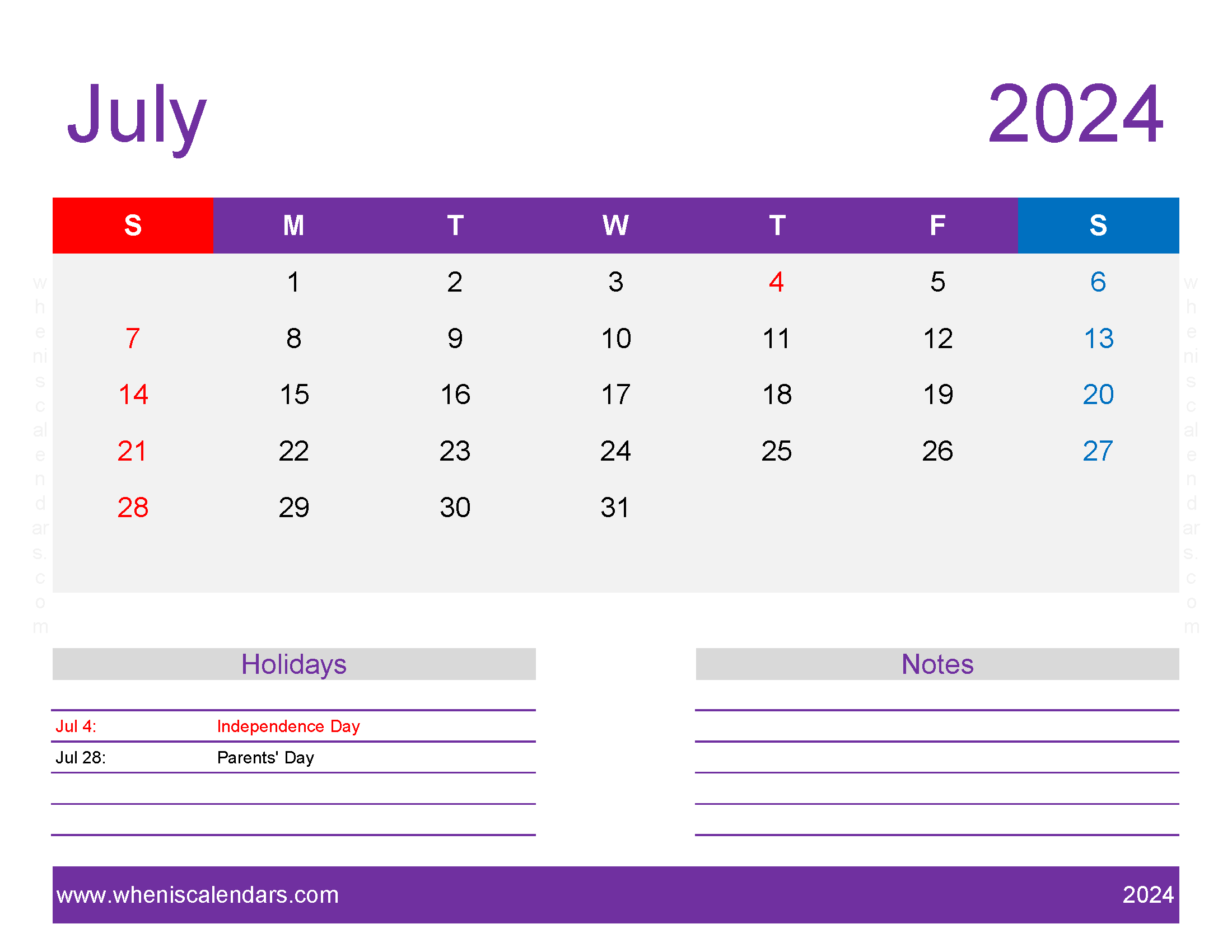 July Printable 2024 Calendar Monthly Calendar