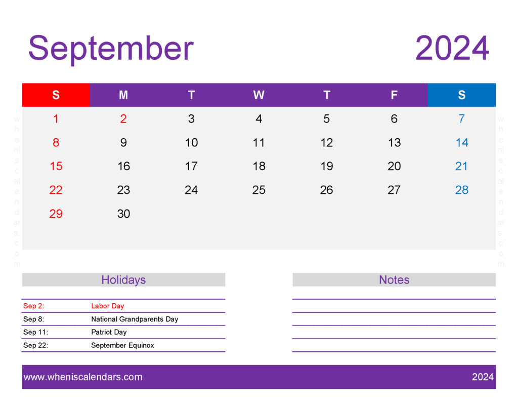 Download free September Calendar 2024 with Holidays printable