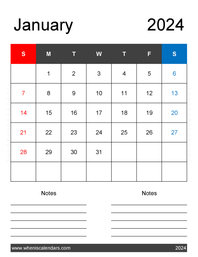 January 2024 Calendar page Printable Monthly Calendar