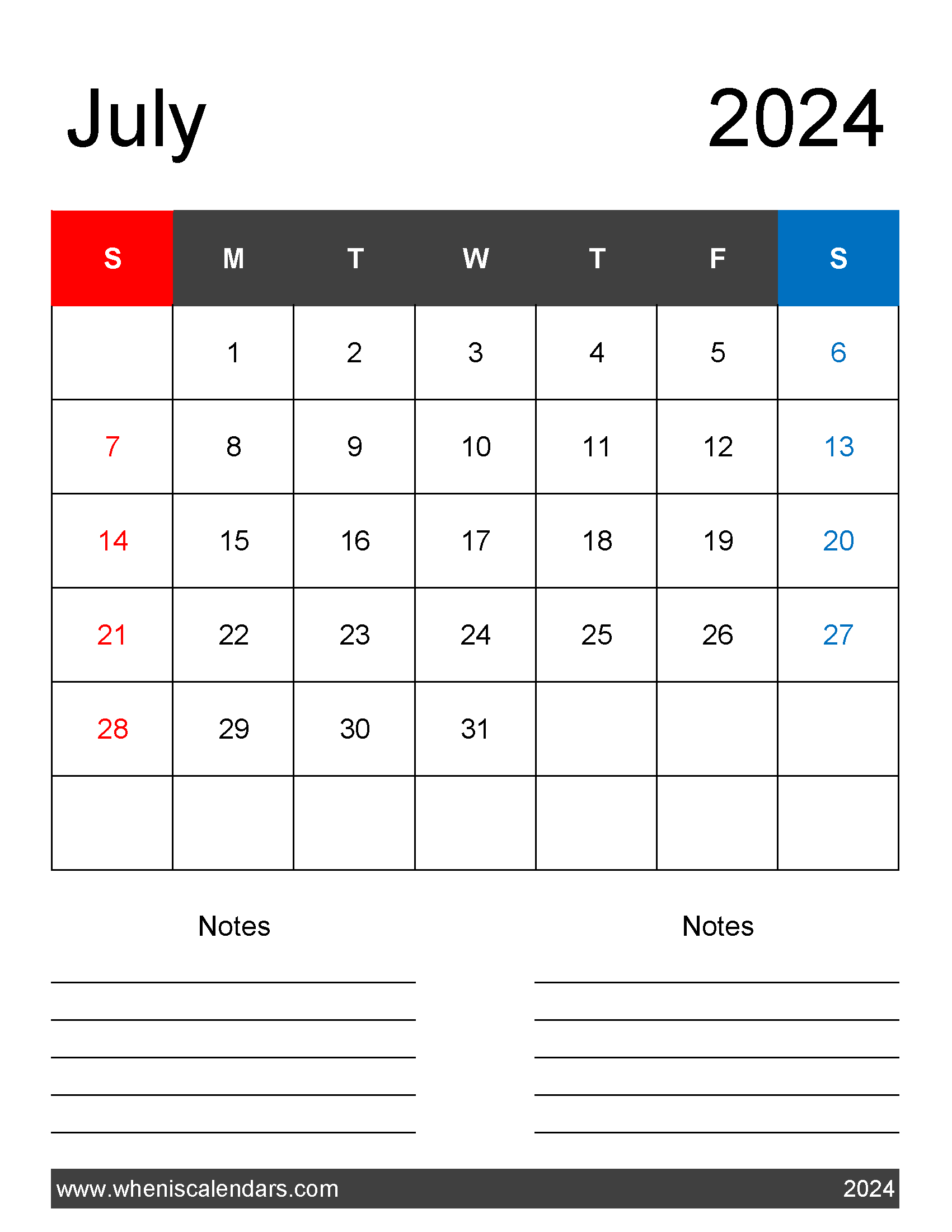 July 2024 Calendar page Printable Monthly Calendar