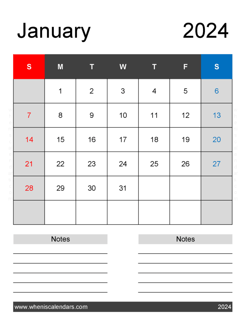 January 2024 Calendar Free Printable with Holidays J14262