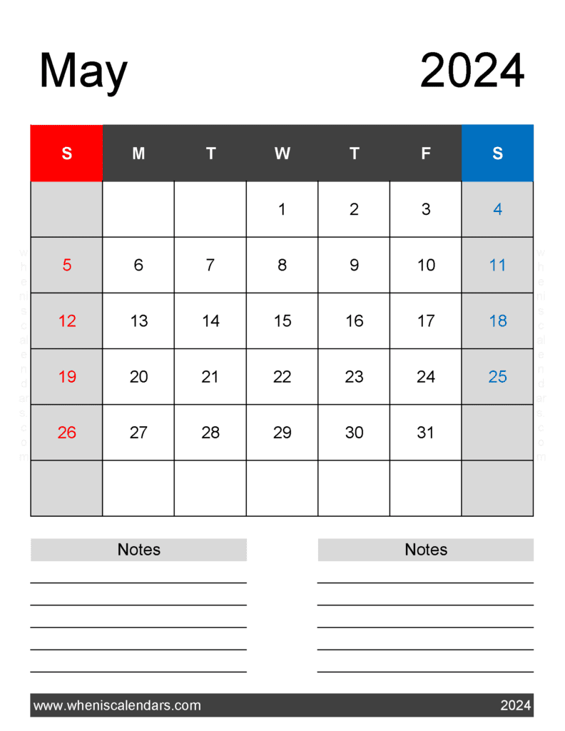 May 2024 Calendar Free printable with Holidays M54262