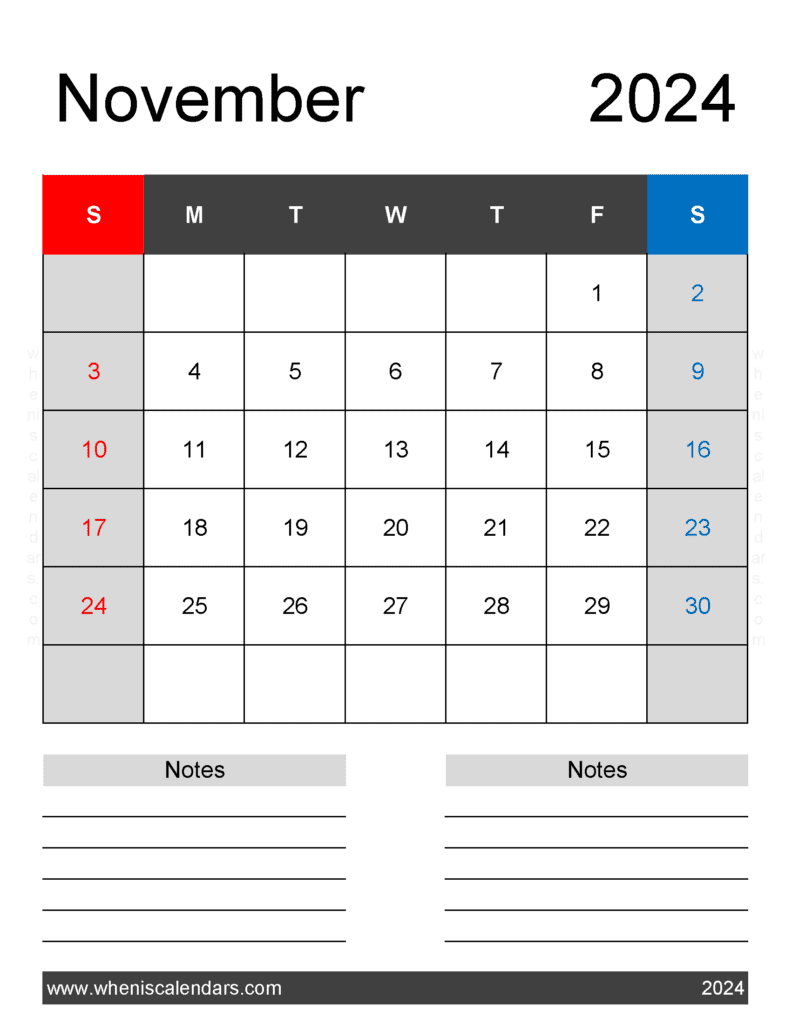 November 2024 Calendar Free Printable with Holidays Monthly Calendar