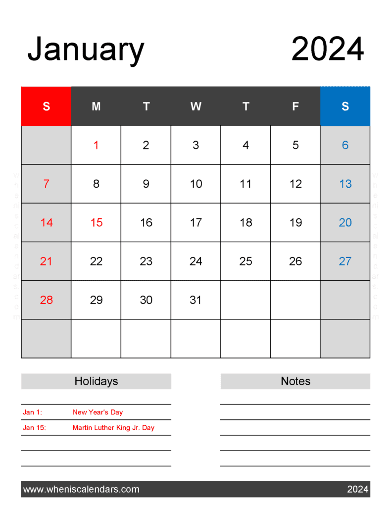 January 2024 Calendar Template Printable Monthly Calendar
