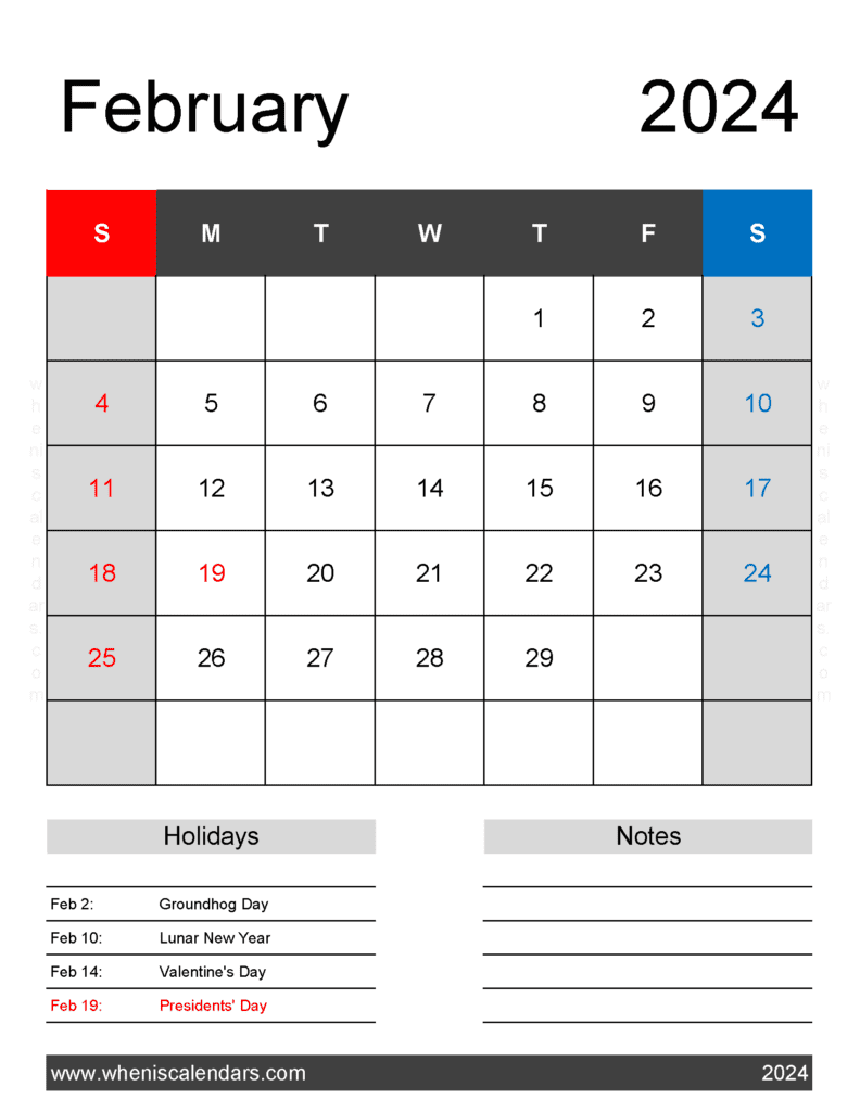 Download February 2024 Calendar Template Printable Letter Vertical F4182