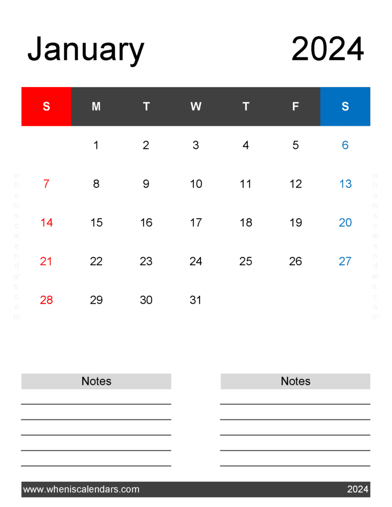 Download January 2024 Printable monthly Calendar Letter Vertical J4263