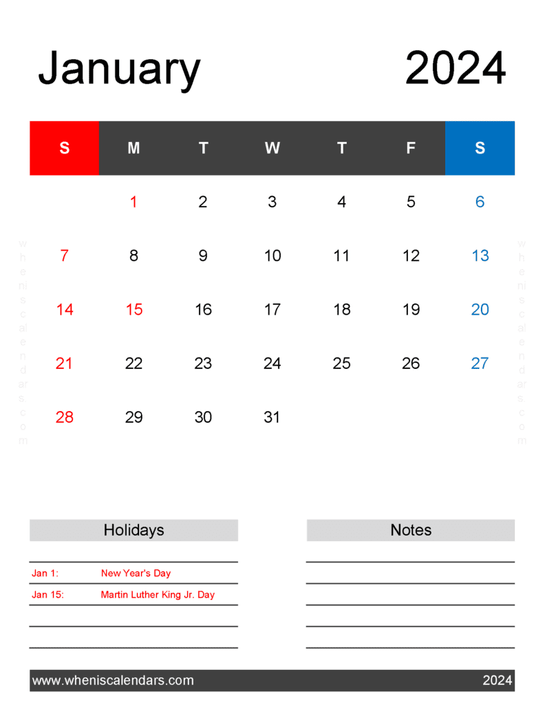 Free print Calendar January 2024 Monthly Calendar