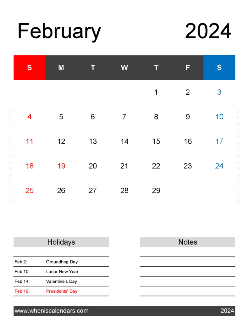 Download Free print Calendar February 2024 Letter Vertical F4183