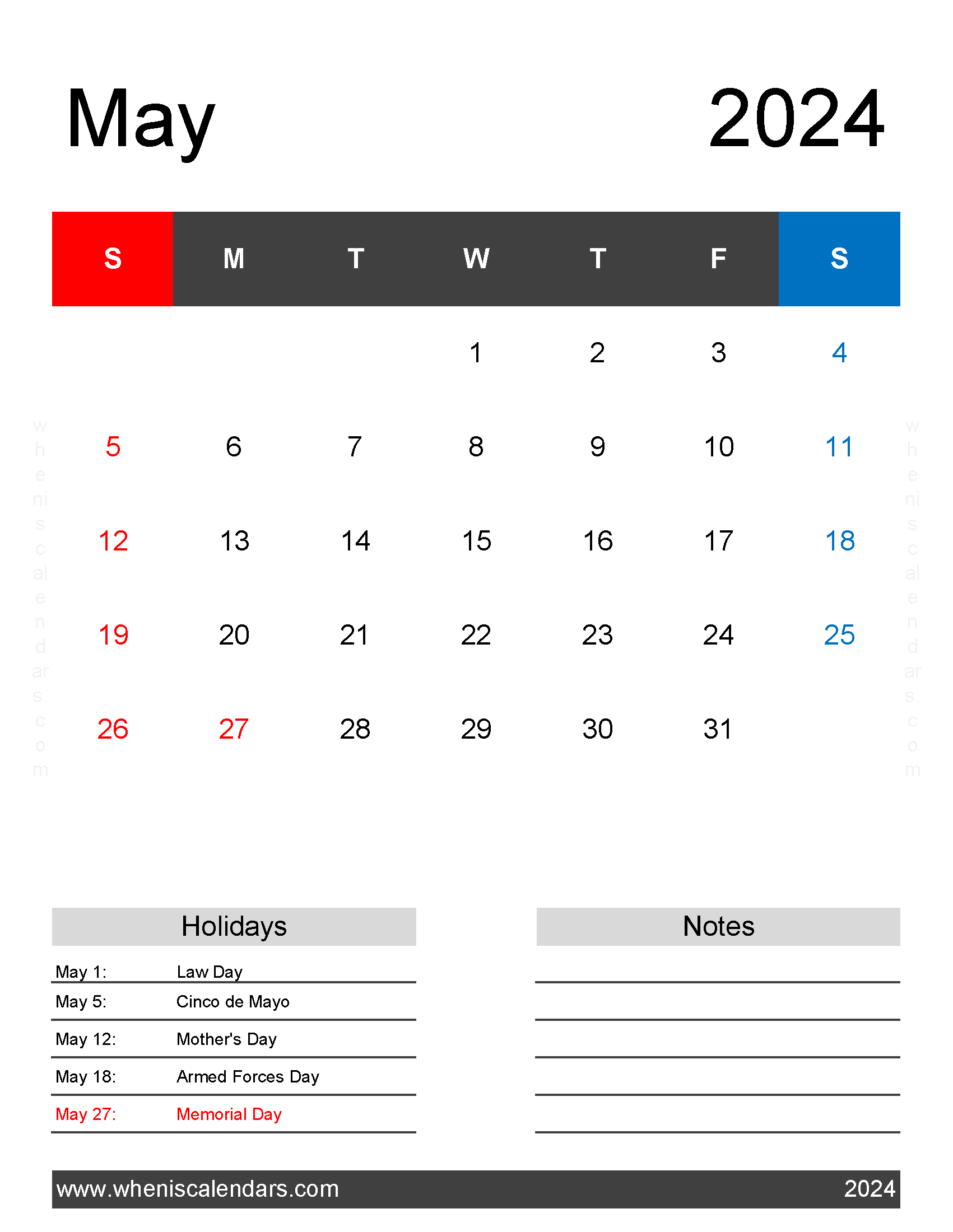Free print Calendar May 2024 Monthly Calendar