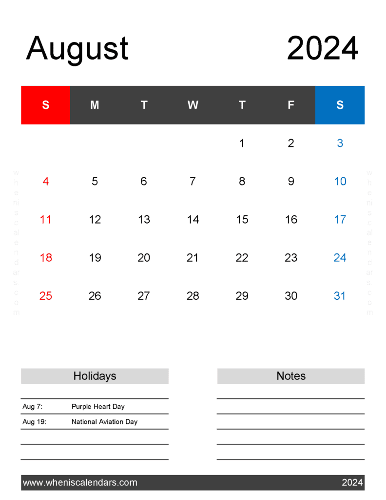 Free print Calendar August 2024 Monthly Calendar