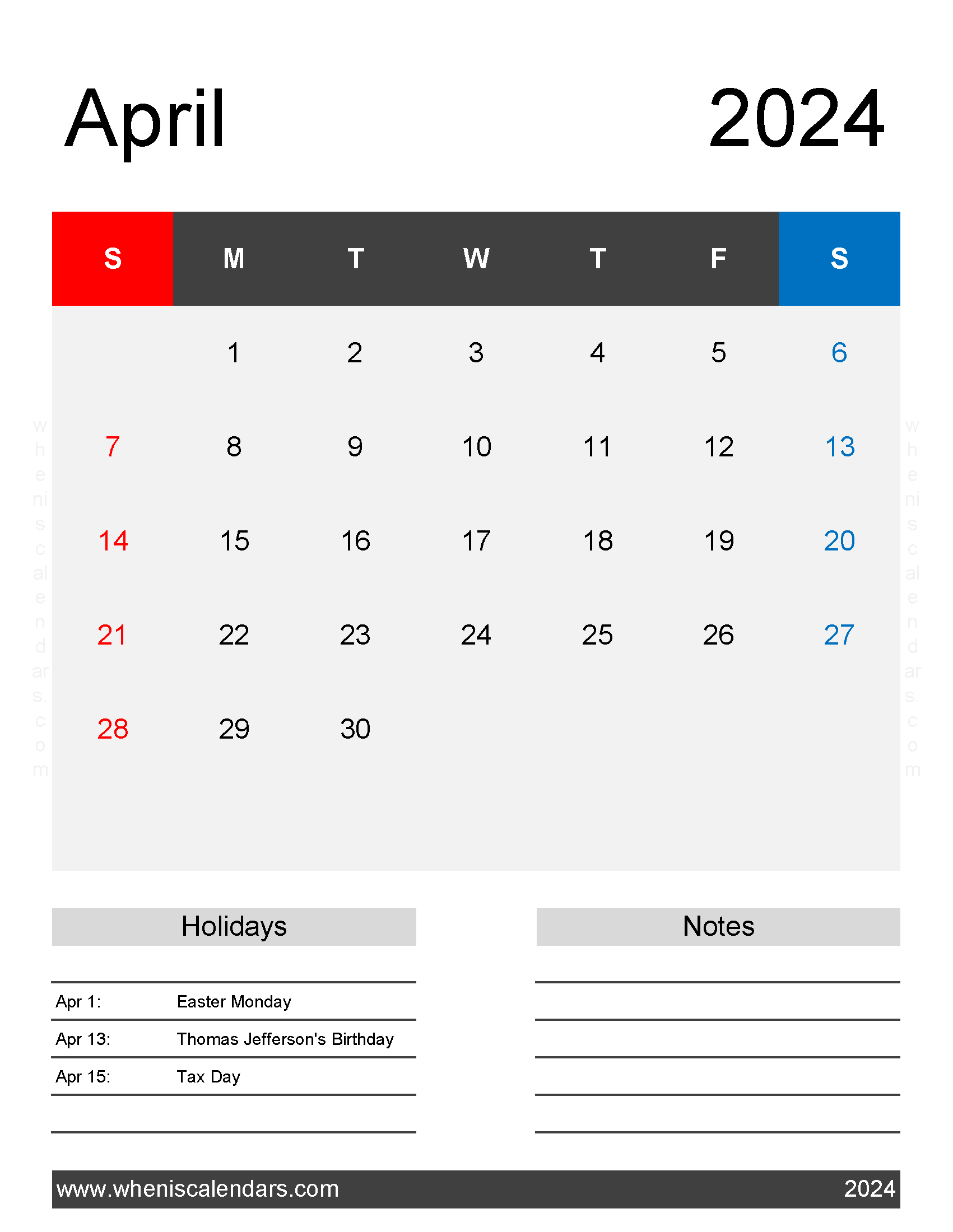 April 2024 Free Printable Monthly Calendar