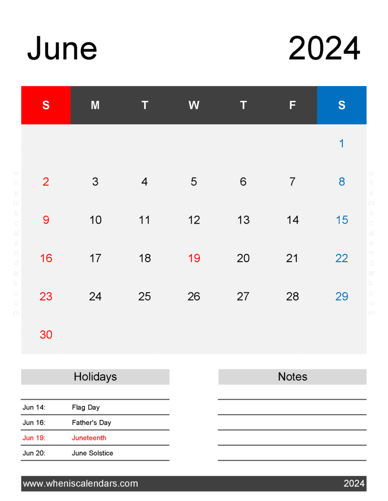 Download free June Calendar 2024 with Holidays printable