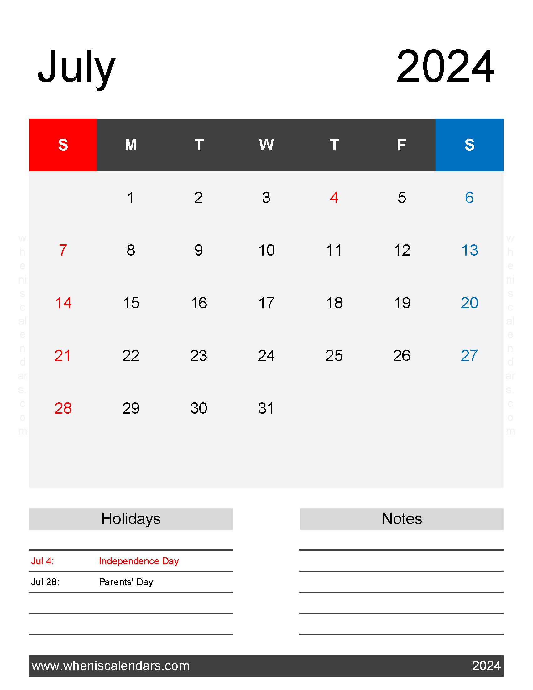 July 2024 Free Printable Monthly Calendar