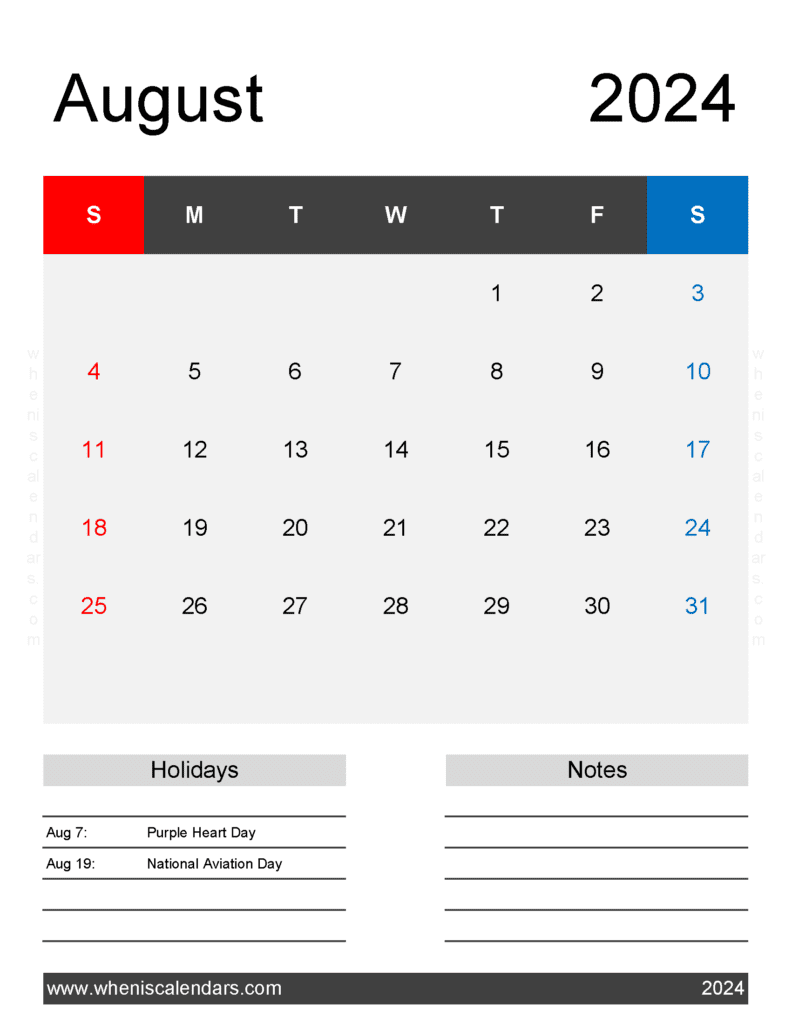 Download free August Calendar 2024 with Holidays printable