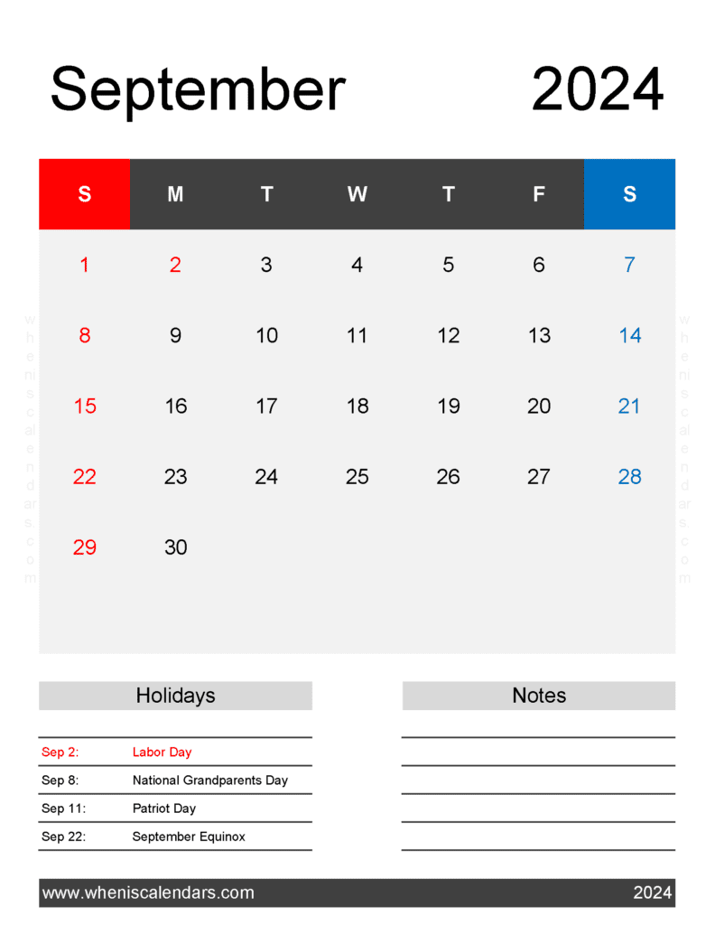 Download free September Calendar 2024 with Holidays printable