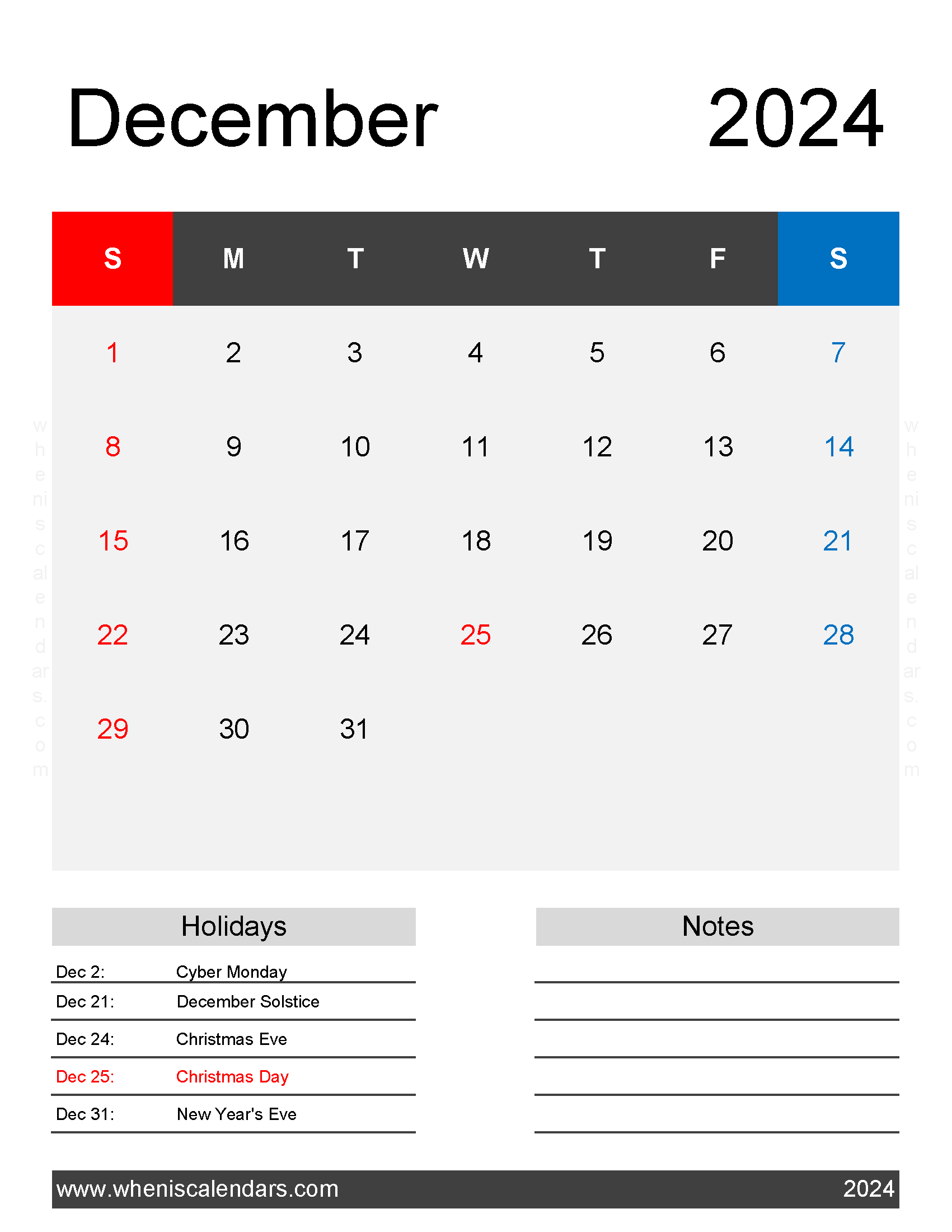 Download free December Calendar 2024 with Holidays printable