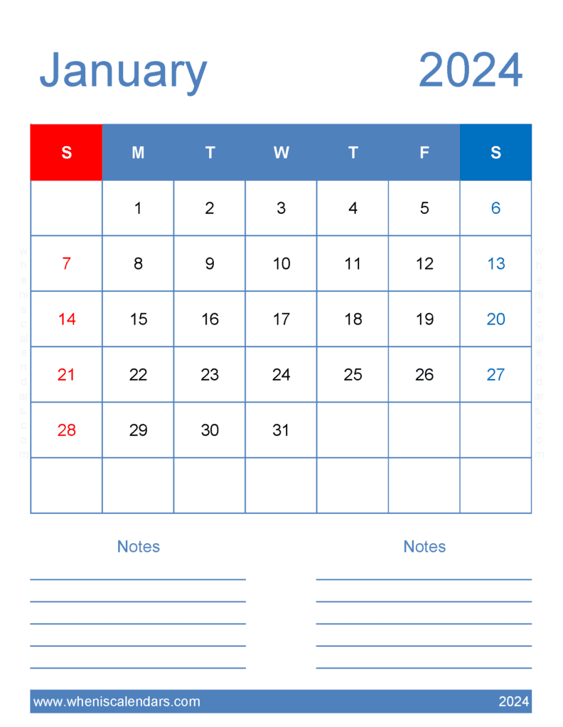January 2024 Calendar Blank Calendar pages Monthly Calendar