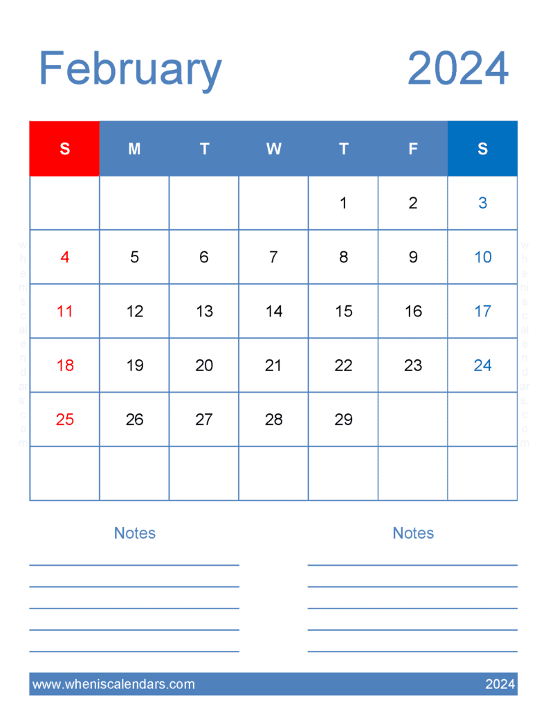 February 2024 Calendar Blank Calendar pages Monthly Calendar