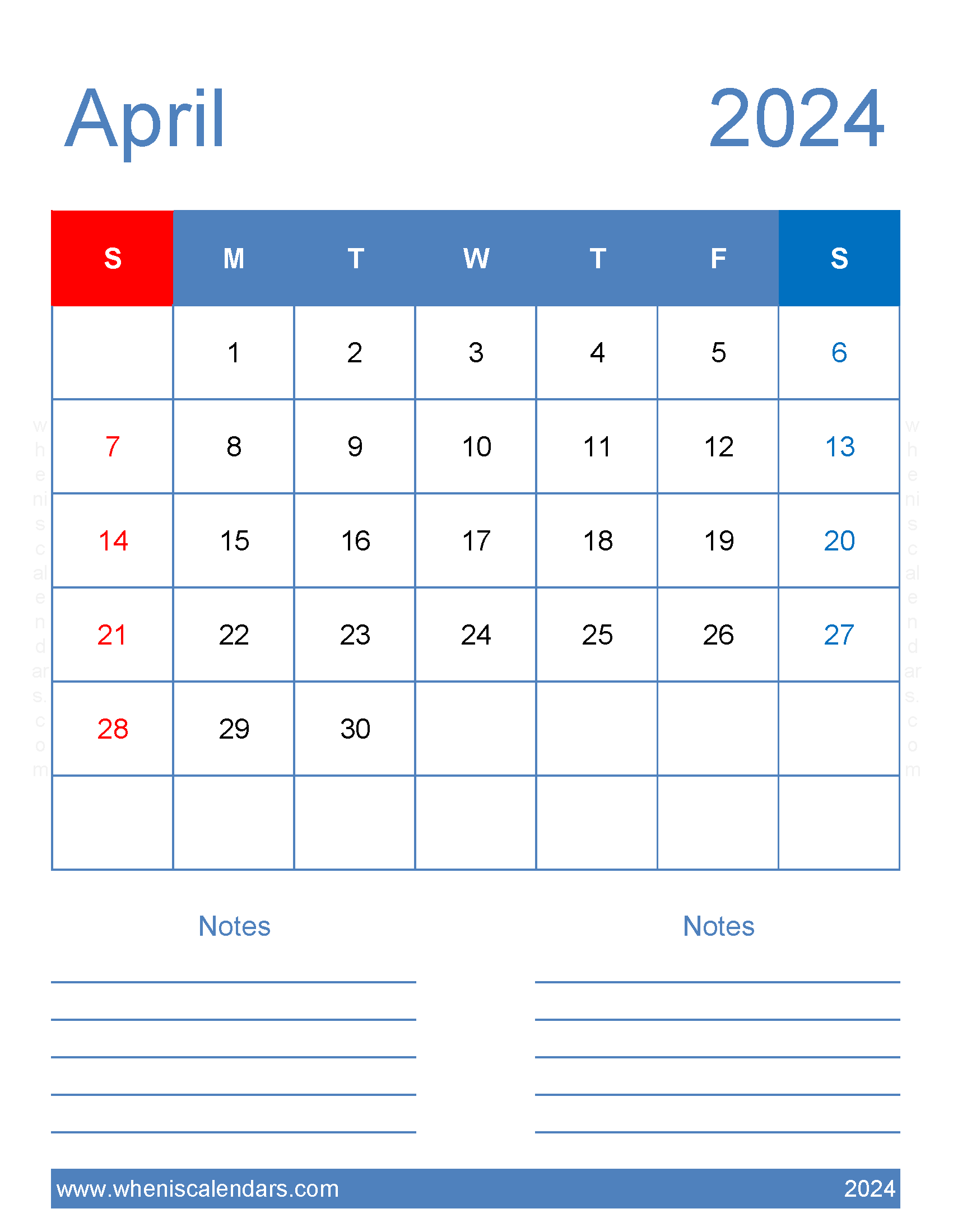 April 2024 Calendar Blank Calendar pages Monthly Calendar