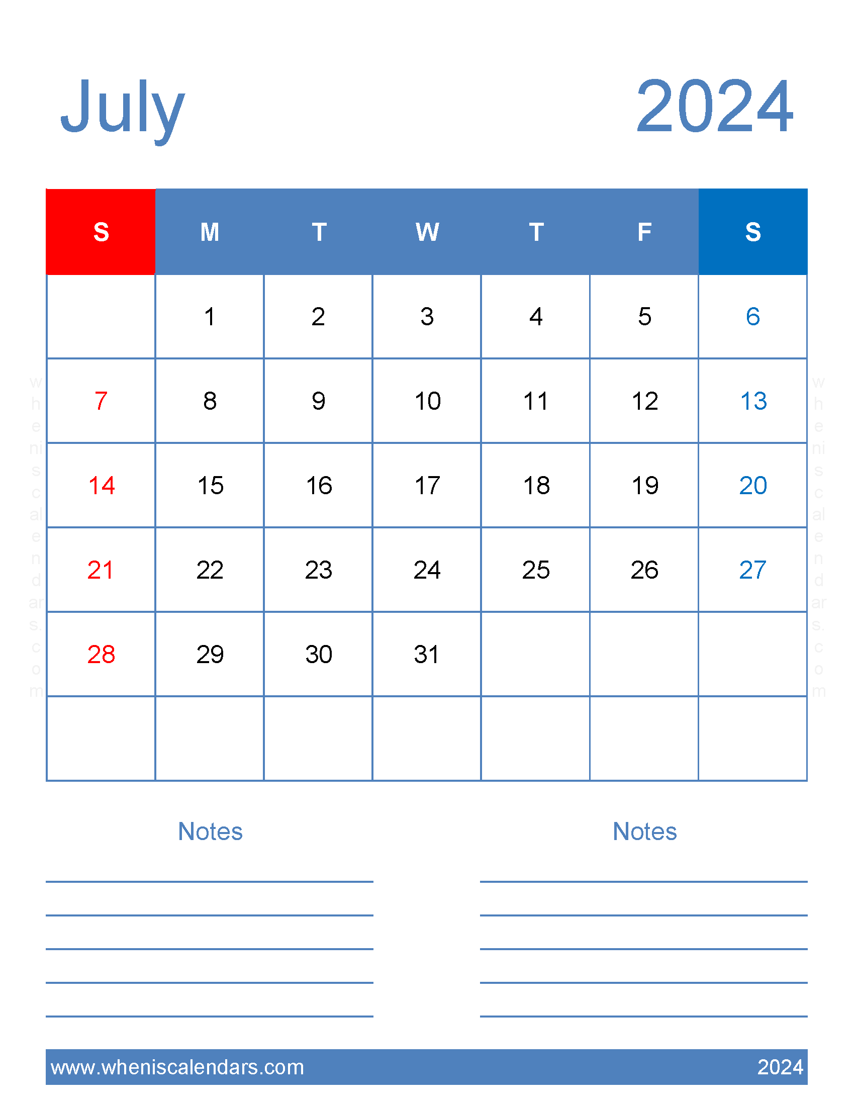 July 2024 Calendar Blank Calendar pages Monthly Calendar