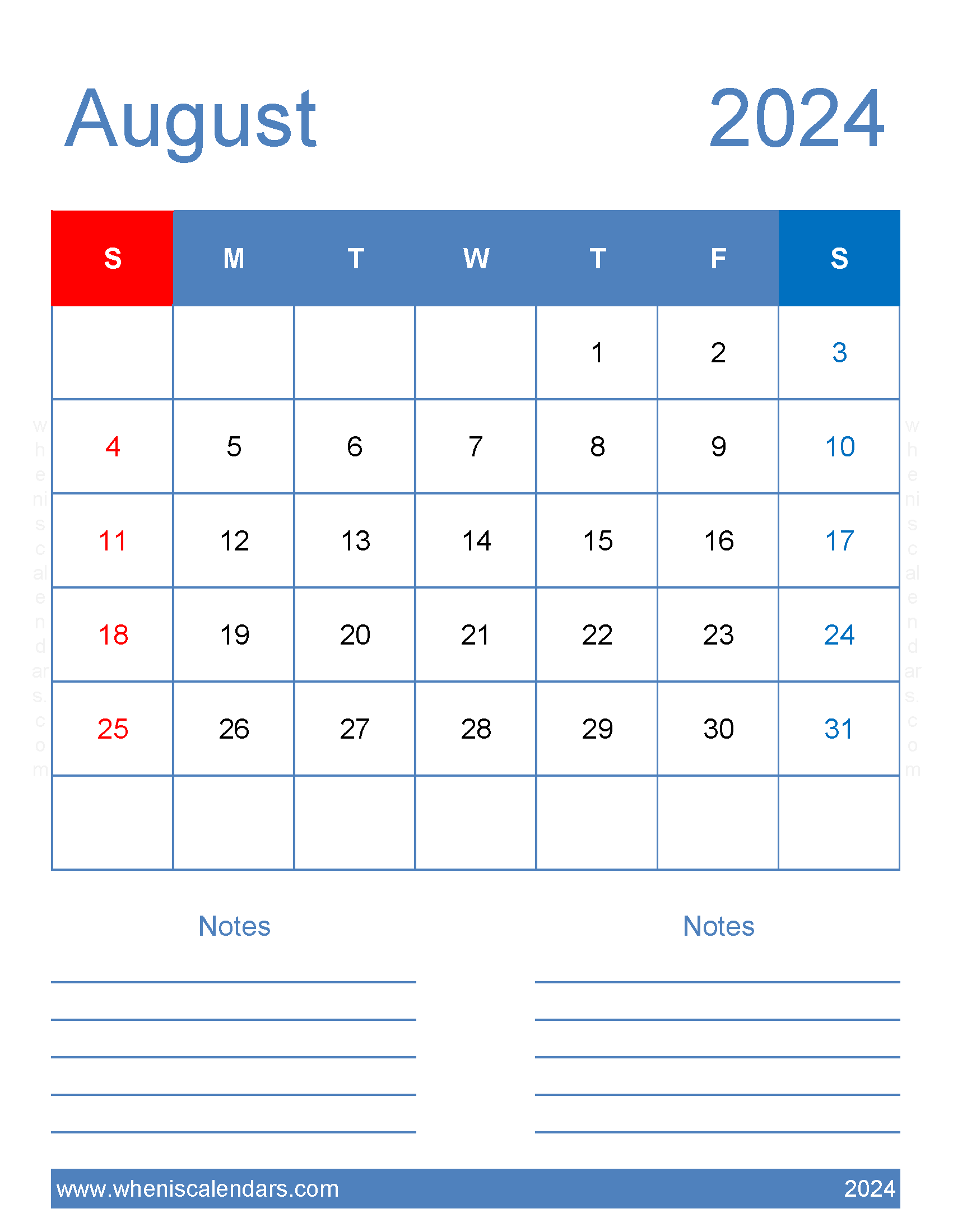 August 2024 Calendar Blank Calendar pages Monthly Calendar