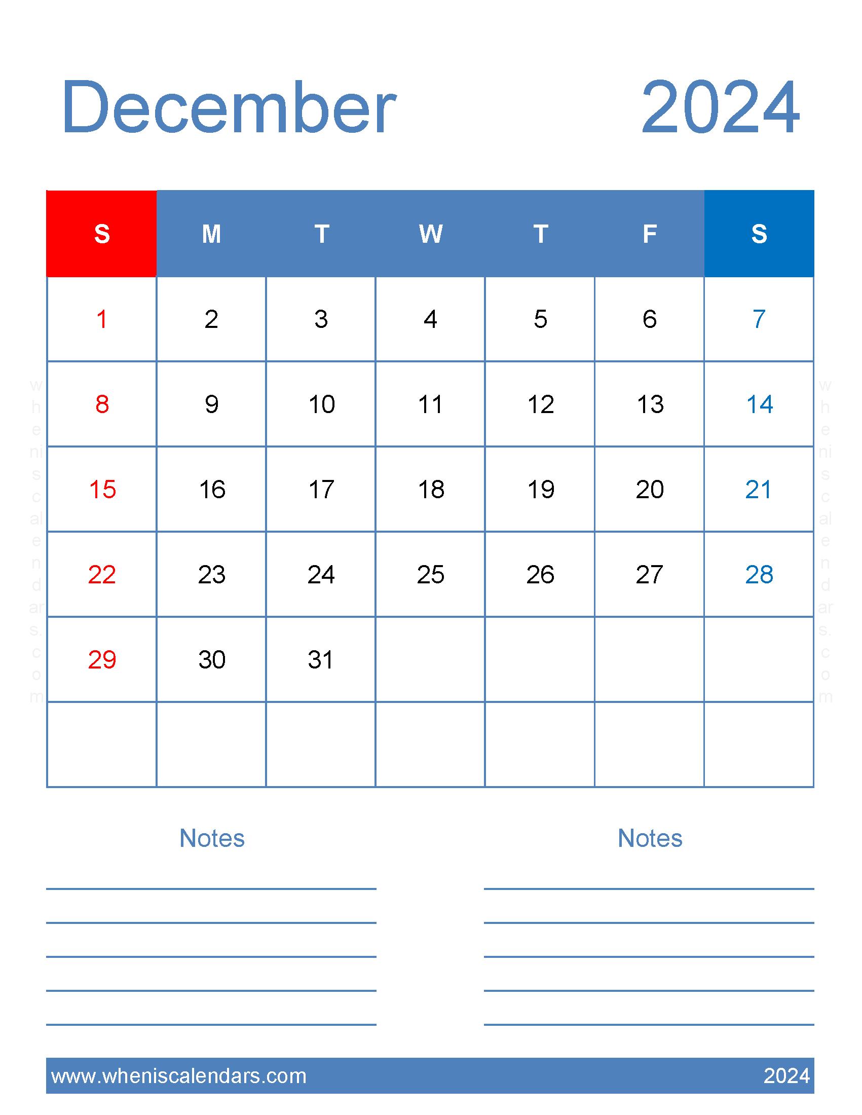 December 2024 Calendar Blank Calendar pages Monthly Calendar
