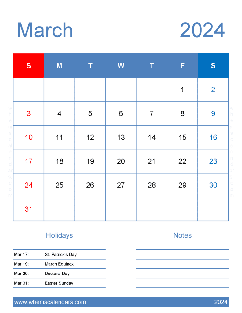 Download Blank March Calendar 2024 Printable Letter Vertical M34185