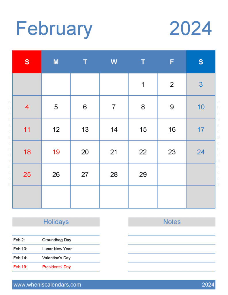 Download free February Calendar 2024 with Holidays printable A4 in Horizontal Landscape